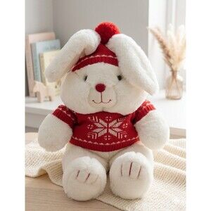VTG Mervyns 16" Winter White Bunny Rabbit Plush w/Red Knit Sweater & Hat 1987